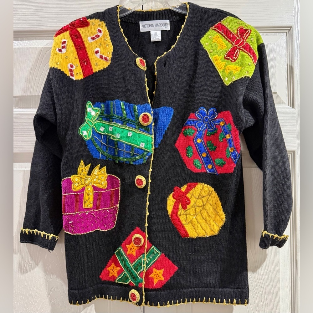 Victoria Jones Christmas Cardigan Sweater M Black Embroidered Beaded Holiday